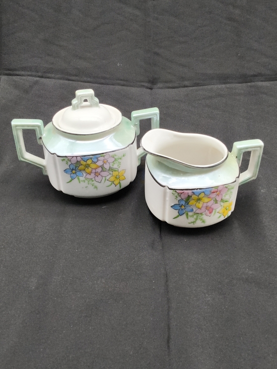 Nippon Other - Antique Nippon Hand-Painted Floral Sugar & Creamer Set - Octagonal Lustreware